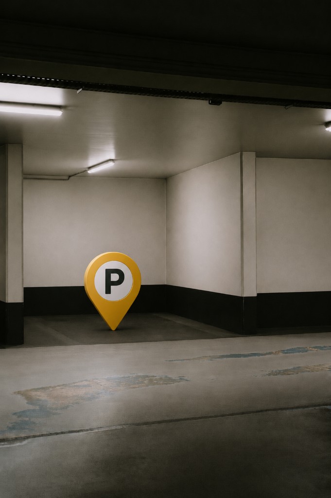 An indoor parking garage with a parking spot marker