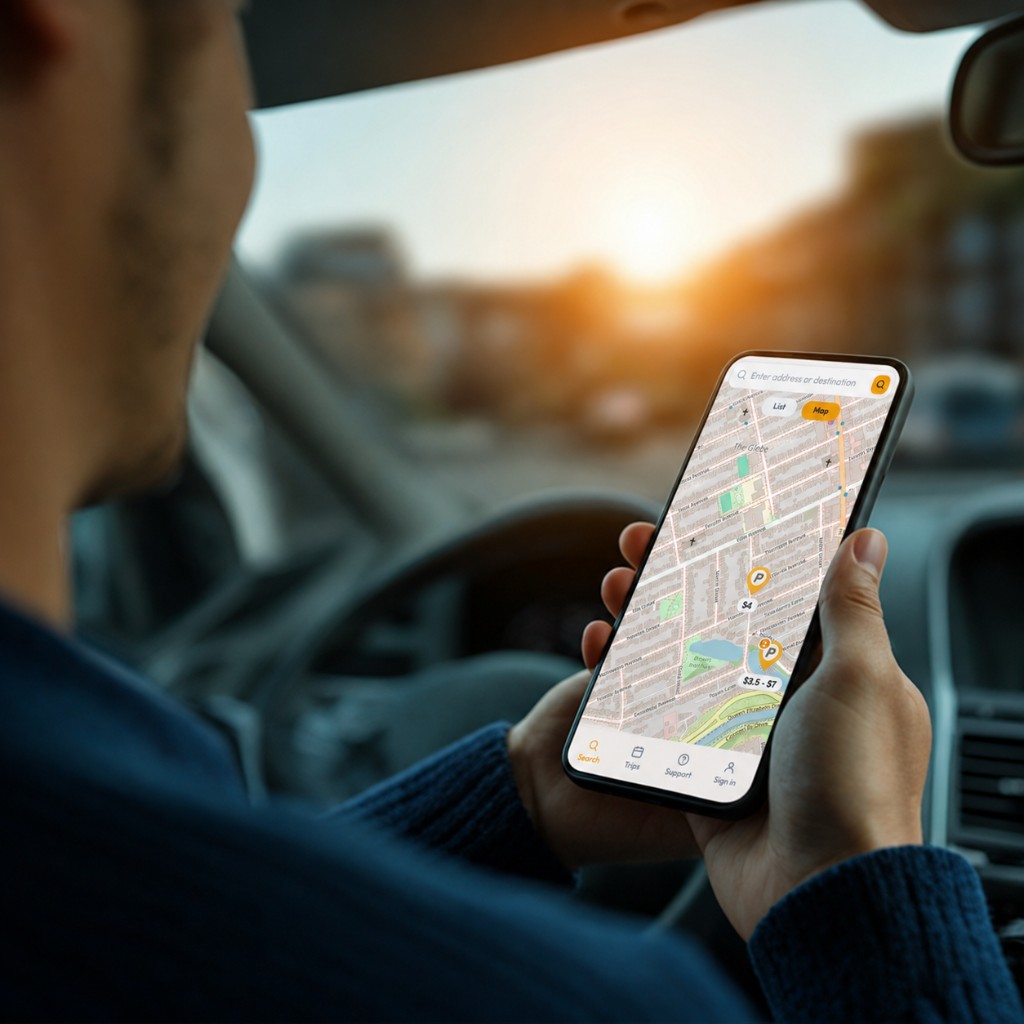A driver holding a smartphone showing a map with parking pins