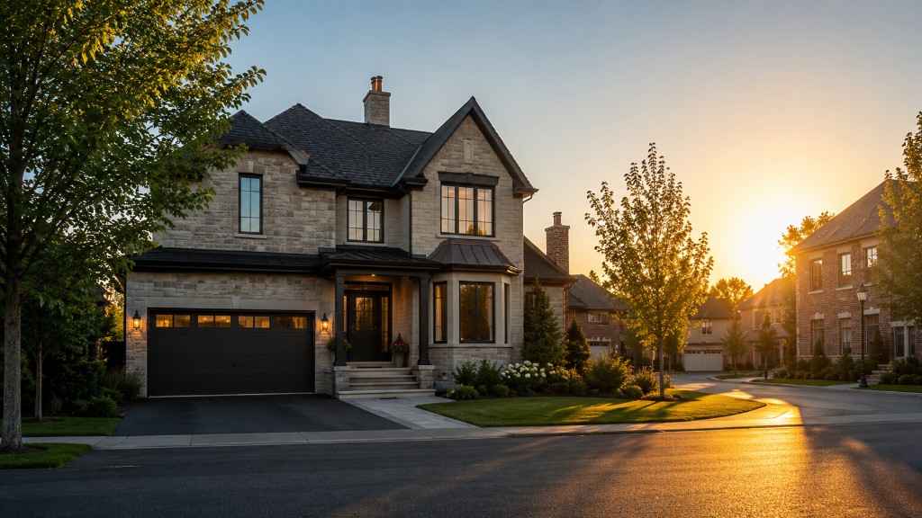 A suburban home with driveway at golden hour