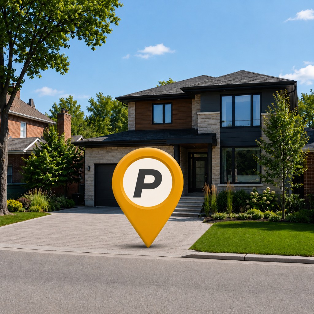 A modern home driveway with a parking spot marker